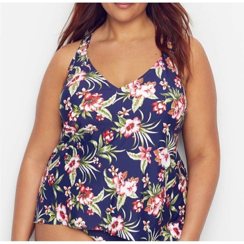Birdsong Size 24W Floral Tropical Plus Size Flyaway‎ Underwire Tankini Swim Top
